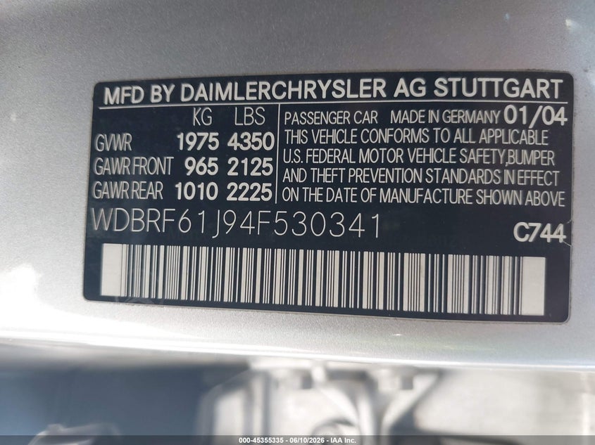 2004 Mercedes-benz C class VIN WDBRF61J94F530341 IAAI salvage auction — LEFT SIDE, Salvage (California), sold $225 on 2026-07-15 (photo 9)