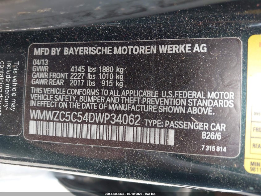 2013 Mini Countryman VIN WMWZC5C54DWP34062 IAAI salvage auction — NORMAL WEAR, Clear-Dealer Only (North Carolina), sold $1,950 on 2026-07-06 (photo 9)