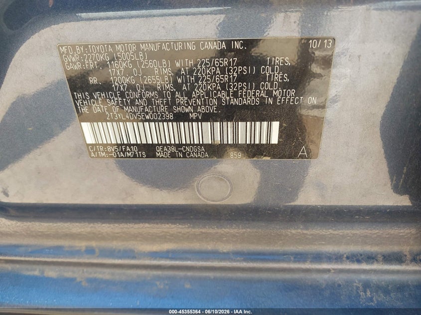 2014 Toyota Rav 4 VIN 2T3YL4DV5EW002398 IAAI salvage auction — NORMAL WEAR, Clear-Dealer Only (Arizona), sold $800 on 2026-07-09 (photo 9)