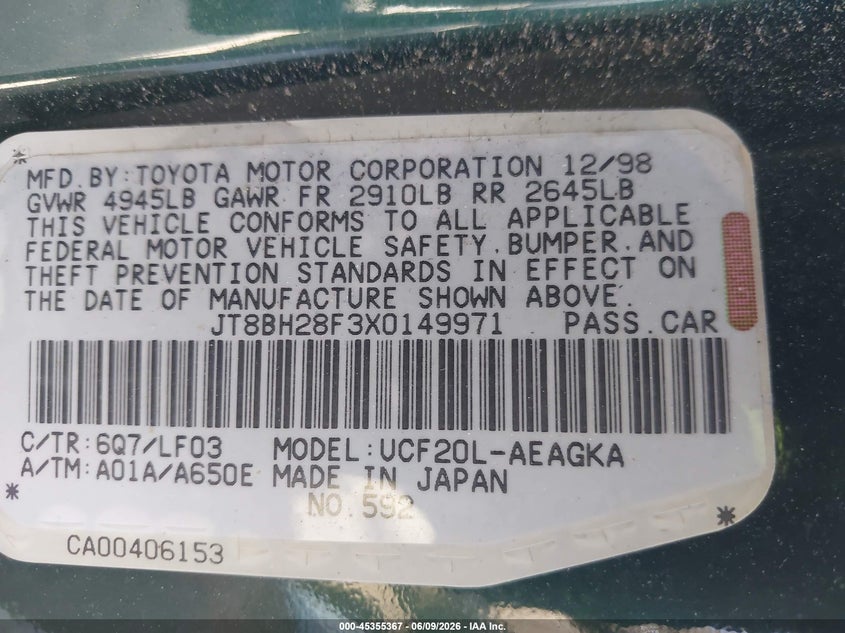 1999 Lexus Ls 400 VIN JT8BH28F3X0149971 IAAI salvage auction — NORMAL WEAR, Salvage (California), sold $300 on 2026-07-08 (photo 9)