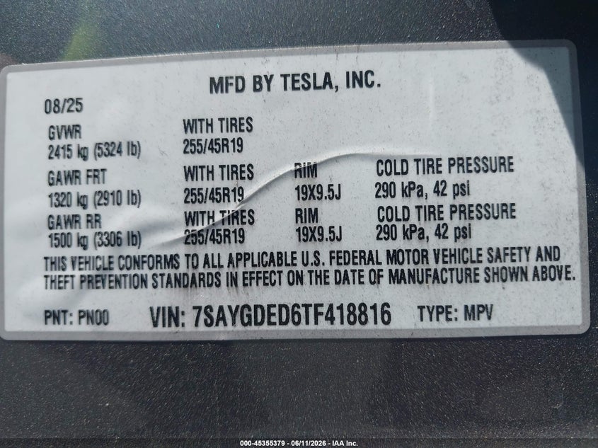 2026 Tesla Model y VIN 7SAYGDED6TF418816 IAAI salvage auction — FRONT END, Salvage Title, sold $19,000 on 2026-07-10 (photo 9)