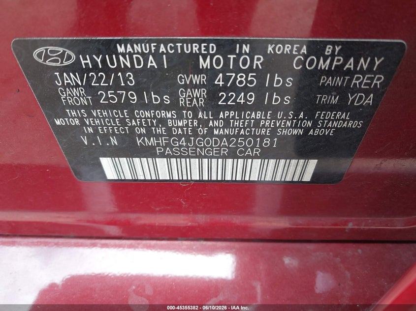 2013 Hyundai Azera VIN KMHFG4JG0DA250181 IAAI salvage auction — ENGINE BURN, Rebuildable (Florida), sold $25 on 2026-07-08 (photo 9)