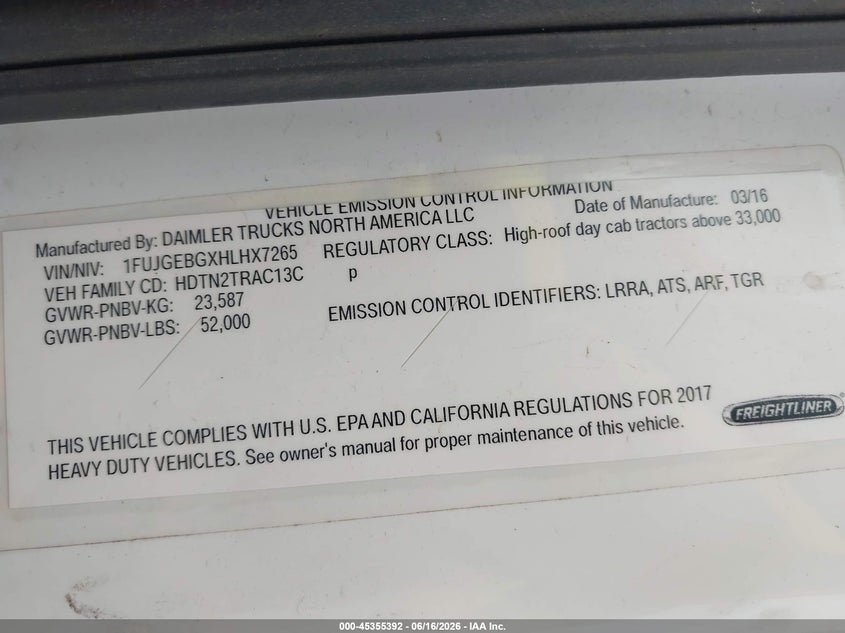 2017 Freightliner Cascadia 125 VIN 1FUJGEBGXHLHX7265 IAAI salvage auction — REPOSSESSION, Clear (Georgia), sold $7,050 on 2026-07-15 (photo 8)
