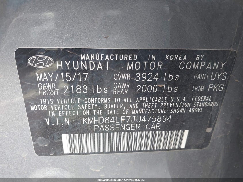 2018 Hyundai Elantra VIN KMHD84LF7JU475894 IAAI salvage auction — WATER/FLOOD, Salvage (Texas), sold $800 on 2026-07-28 (photo 9)