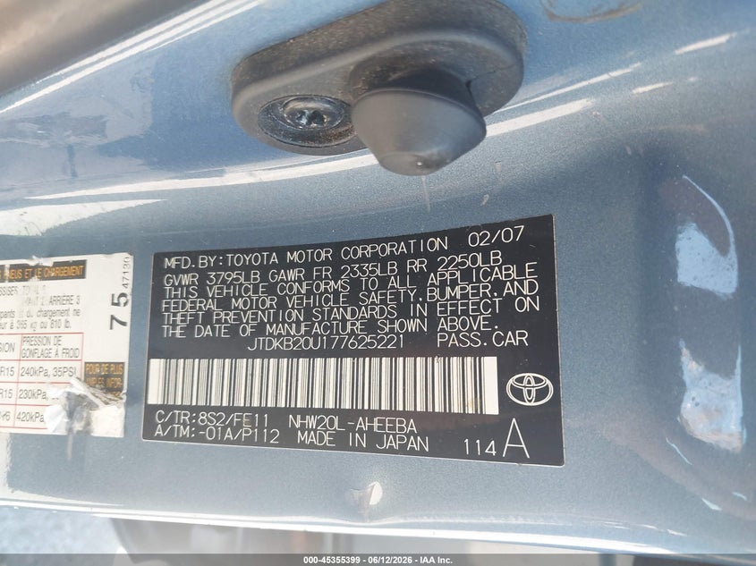 2007 Toyota Prius VIN JTDKB20U177625221 IAAI salvage auction — FRONT END, Clear (Indiana), sold $550 on 2026-07-09 (photo 9)