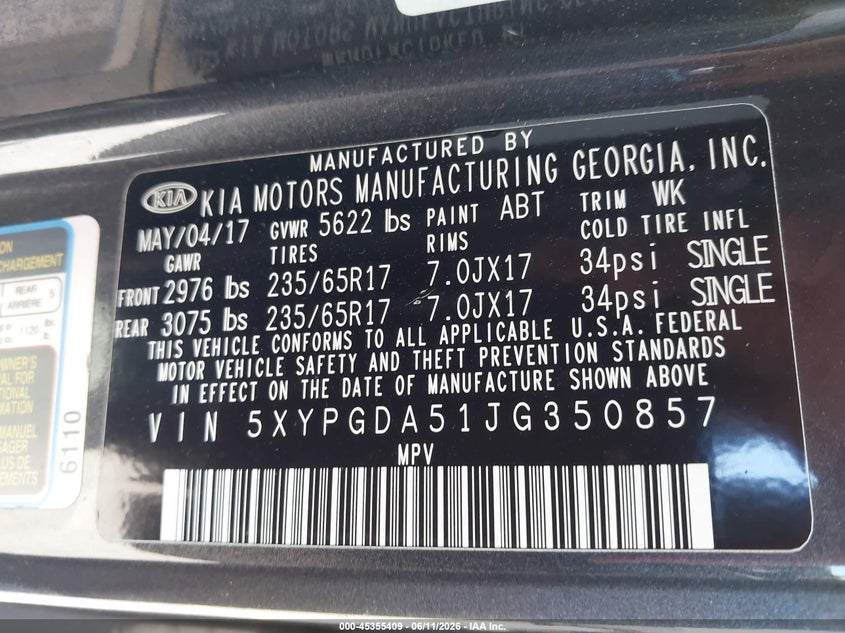 2018 Kia Sorento VIN 5XYPGDA51JG350857 IAAI salvage auction — REAR END, Salvage (Oregon), sold $2,000 on 2026-07-31 (photo 9)