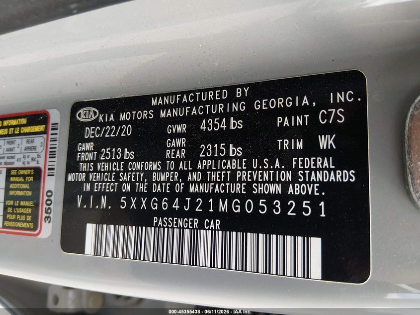 2021 Kia K5 VIN 5XXG64J21MG053251 IAAI salvage auction — LEFT FRONT, Salvage Title, sold $9,400 on 2026-08-21 (photo 9)