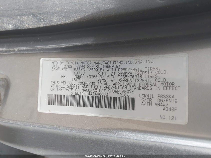 2004 Toyota Tundra VIN 5TBDT44144S440883 IAAI salvage auction — NORMAL WEAR, Clear (Massachusetts), sold $1,650 on 2026-07-14 (photo 9)