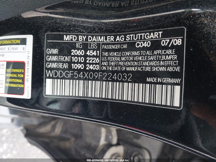 2009 Mercedes-benz C class VIN WDDGF54X09F224032 IAAI salvage auction — FRONT END, Repossession Paperwork (Georgia), sold $350 on 2026-07-15 (photo 9)