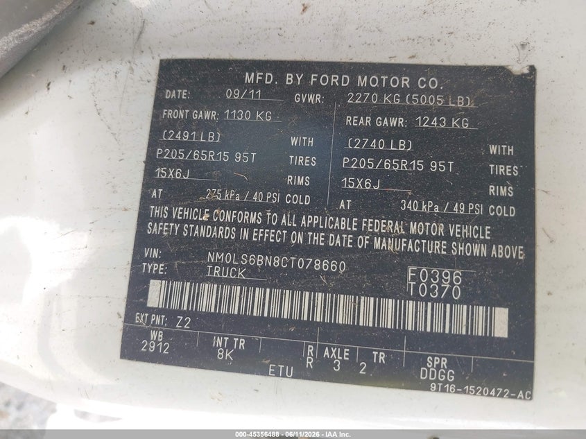 2012 Ford Transit connect VIN NM0LS6BN8CT078660 IAAI salvage auction — LEFT FRONT, Original (Texas), sold $800 on 2026-07-08 (photo 9)