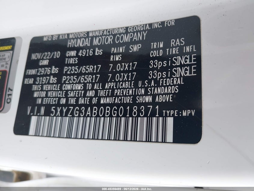 2011 Hyundai Santa fe VIN 5XYZG3AB0BG018371 IAAI salvage auction — REAR END, Repossession Paperwork (Georgia), sold $25 on 2026-07-29 (photo 9)