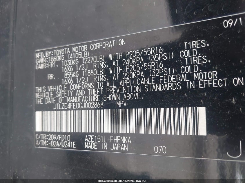 2012 Scion Xb VIN JTLZE4FE0CJ002868 IAAI salvage auction — NORMAL WEAR, Repossession Paperwork (Georgia), sold $300 on 2026-07-15 (photo 9)