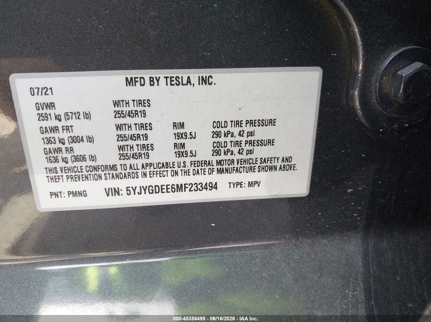 2021 Tesla Model y VIN 5YJYGDEE6MF233494 IAAI salvage auction — LEFT REAR, Clear (Tennessee), sold $14,150 on 2026-07-09 (photo 9)