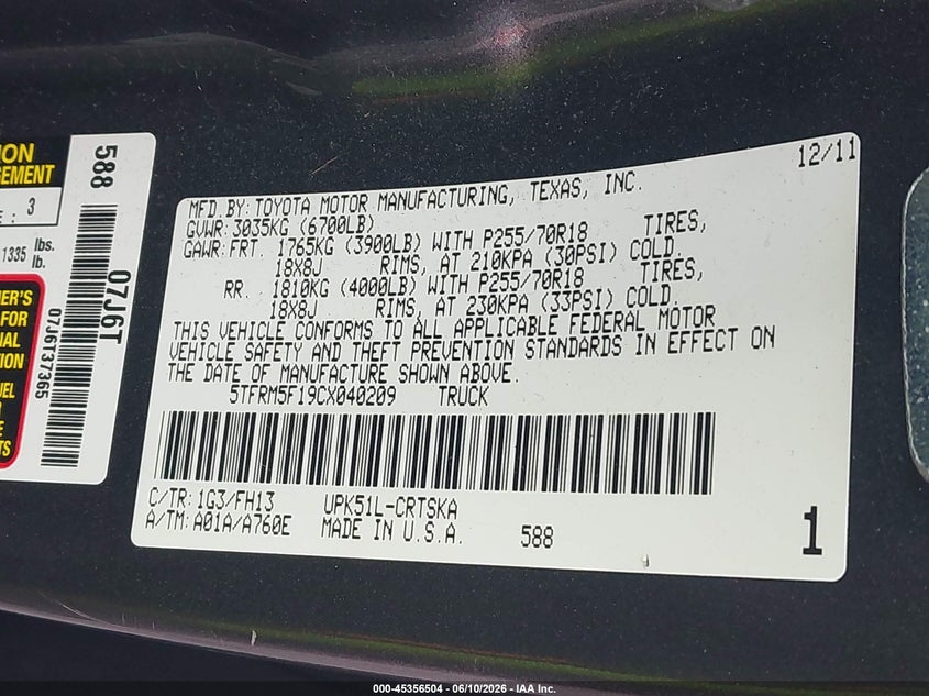 2012 Toyota Tundra VIN 5TFRM5F19CX040209 IAAI salvage auction — NORMAL WEAR, Repossession Paperwork (Georgia), sold $4,500 on 2026-07-15 (photo 9)