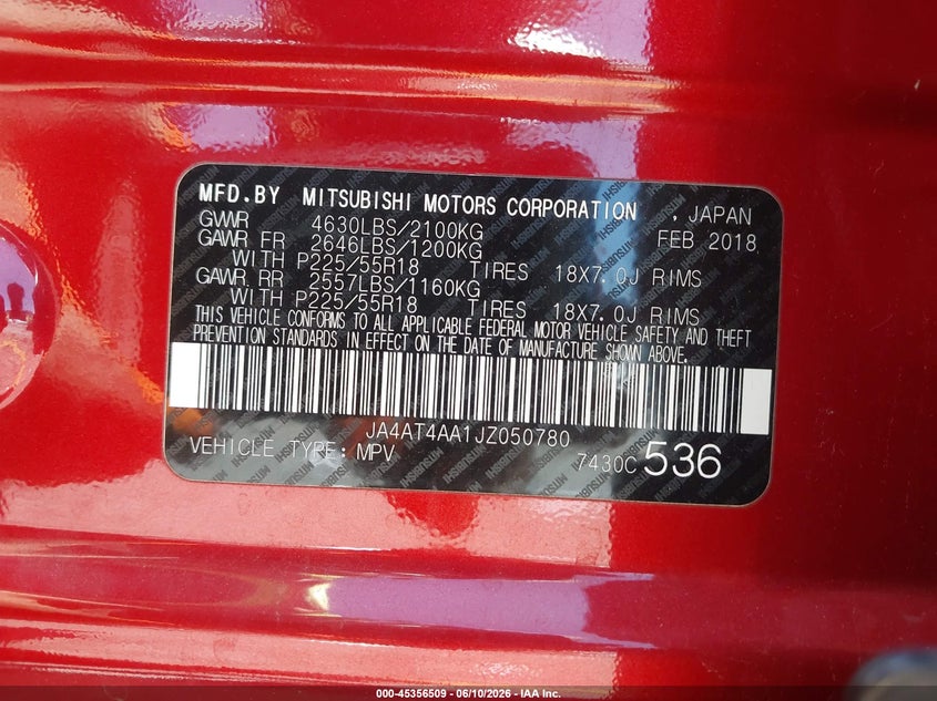 2018 Mitsubishi Eclipse cross VIN JA4AT4AA1JZ050780 IAAI salvage auction — RIGHT SIDE, Salvage (California), sold $3,050 on 2026-07-07 (photo 9)