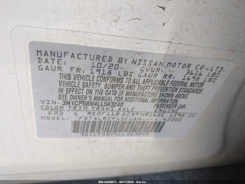 2020 Nissan Kicks VIN 3N1CP5BV4LL563240 IAAI salvage auction — SIDE, Salvage Title, sold $2,550 on 2026-08-02 (photo 9)