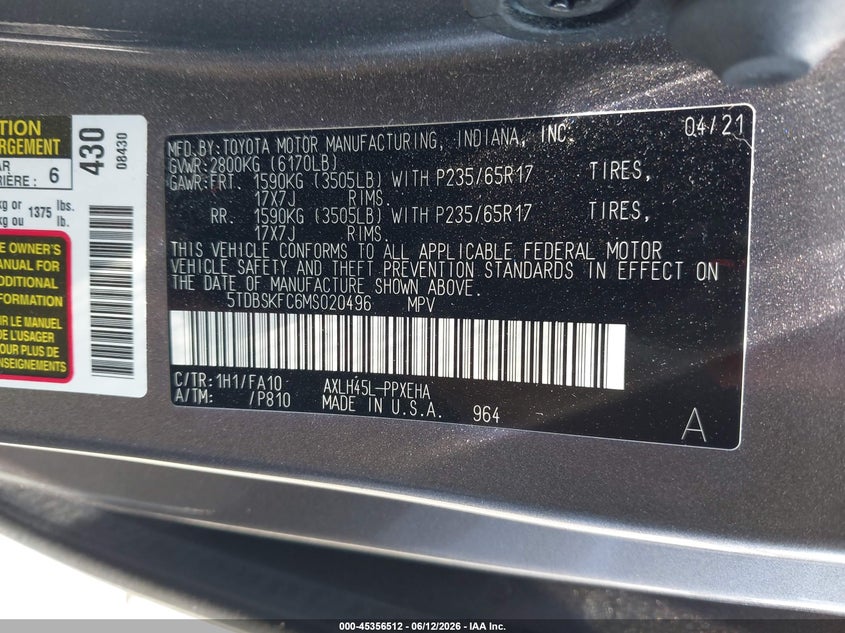 2021 Toyota Sienna VIN 5TDBSKFC6MS020496 IAAI salvage auction — FRONT END, Salvage (North Carolina), sold $8,075 on 2026-07-24 (photo 9)