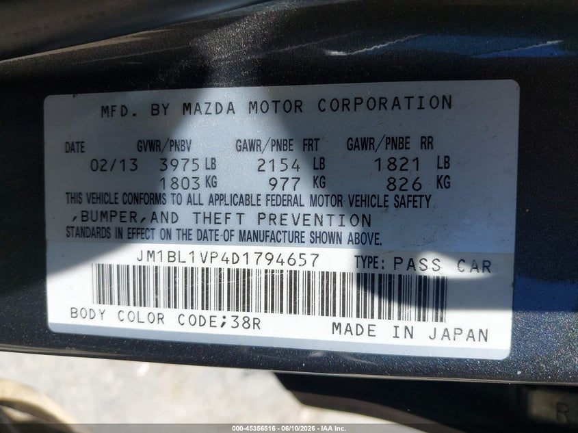 2013 Mazda 3 VIN JM1BL1VP4D1794657 IAAI salvage auction — NORMAL WEAR, Clear - Dealer Only (California), sold $375 on 2026-07-09 (photo 9)