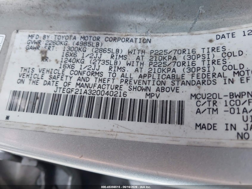 2002 Toyota Highlander VIN JTEGF21A320040216 IAAI salvage auction — FRONT & REAR, Clear (Florida), sold $950 on 2026-07-22 (photo 9)