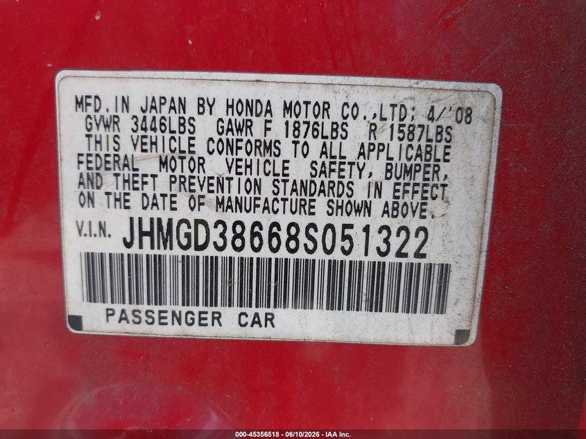 2008 Honda Fit VIN JHMGD38668S051322 IAAI salvage auction — RIGHT SIDE, Clear-Dealer Only (Kentucky), sold $425 on 2026-07-29 (photo 9)
