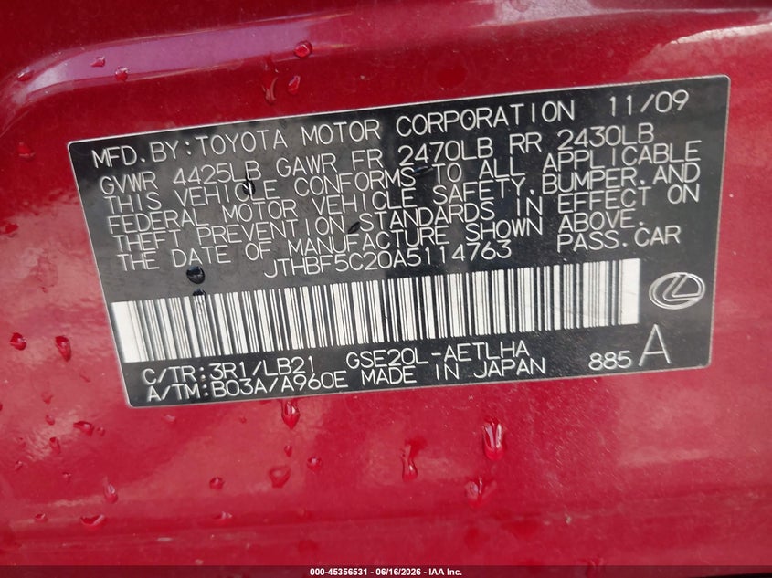 2010 Lexus Is 250 VIN JTHBF5C20A5114763 IAAI salvage auction — NORMAL WEAR, Clear (Florida), sold $2,850 on 2026-07-14 (photo 9)