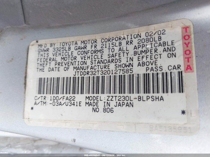 2002 Toyota Celica VIN JTDDR32T320127585 IAAI salvage auction — RIGHT FRONT, Repossession Paperwork (Georgia), sold $250 on 2026-07-06 (photo 9)