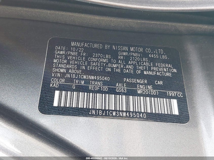 2022 Nissan Rogue sport VIN JN1BJ1CW3NW495040 IAAI salvage auction — NORMAL WEAR, Repossession Paperwork (Georgia), sold $7,200 on 2026-07-15 (photo 9)