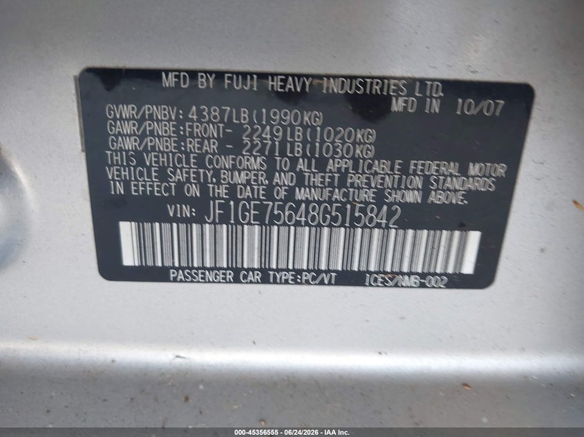 2008 Subaru Impreza VIN JF1GE75648G515842 IAAI salvage auction — ROOF, Repossession Paperwork (Georgia), sold $25 on 2026-07-29 (photo 9)