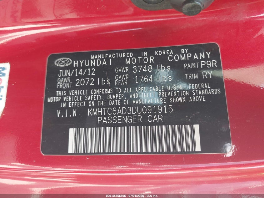 2013 Hyundai Veloster VIN KMHTC6AD3DU091915 IAAI salvage auction — NORMAL WEAR, Clear (Tennessee), sold $325 on 2026-07-15 (photo 9)