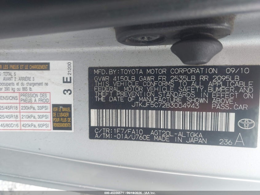 2011 Scion Tc VIN JTKJF5C72B3004943 IAAI salvage auction — NORMAL WEAR, Repossession Paperwork (Georgia), sold $525 on 2026-08-02 (photo 9)