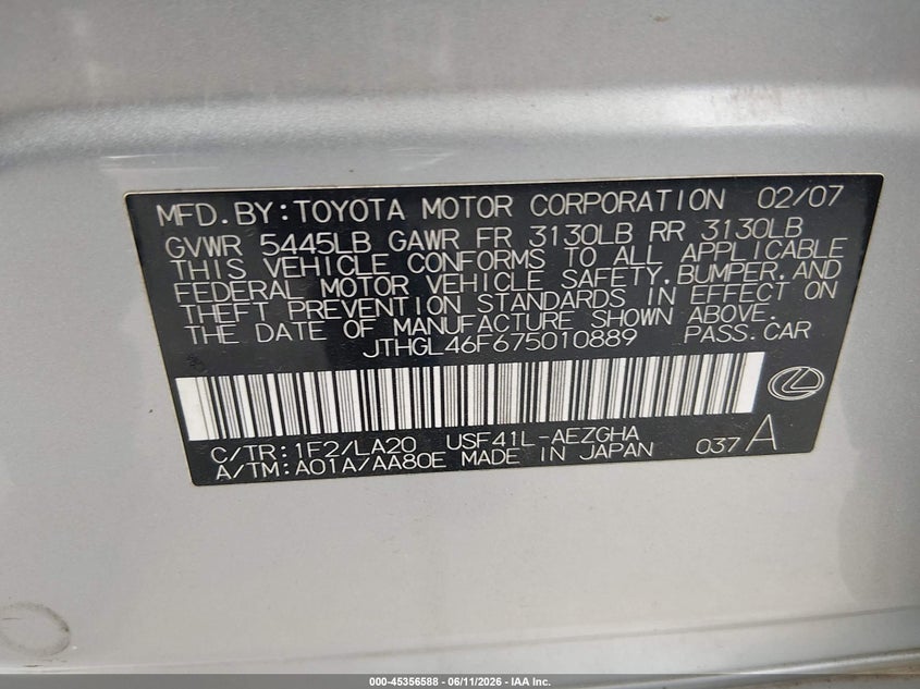 2007 Lexus Ls 460 VIN JTHGL46F675010889 IAAI salvage auction — NORMAL WEAR, Original (Texas), sold $700 on 2026-07-13 (photo 9)