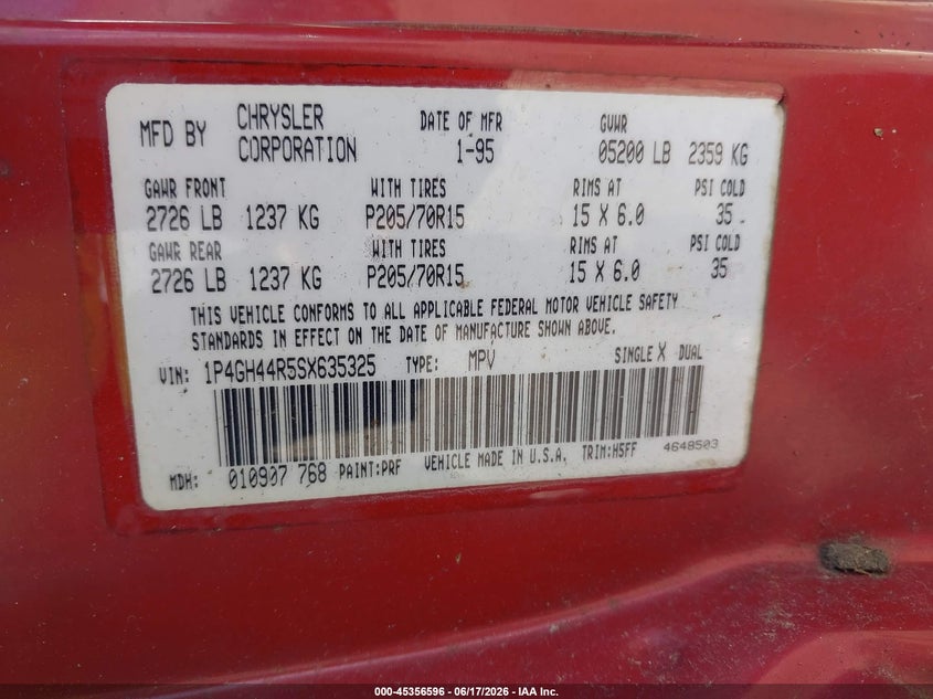 1995 Plymouth Grand voyager VIN 1P4GH44R5SX635325 IAAI salvage auction — NORMAL WEAR, Repossession Paperwork (Georgia), sold $375 on 2026-07-16 (photo 9)