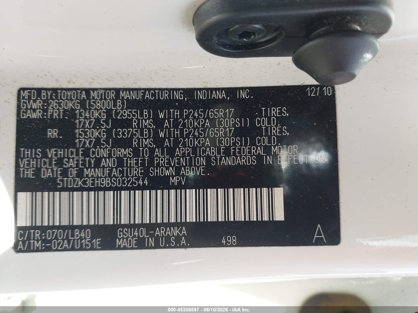 2011 Toyota Highlander VIN 5TDZK3EH9BS032544 IAAI salvage auction — NORMAL WEAR, Original (Texas), sold $3,050 on 2026-07-08 (photo 9)