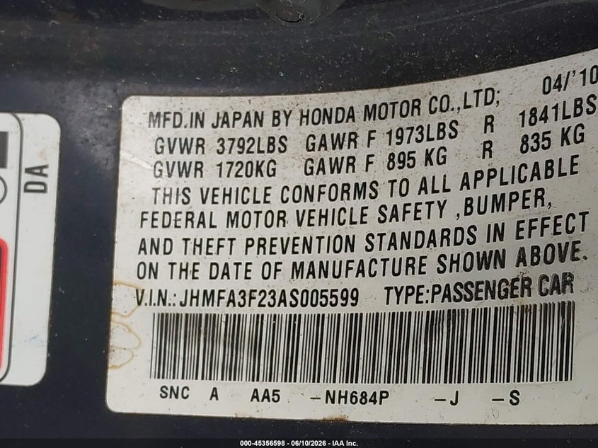 2010 Honda Civic hybrid VIN JHMFA3F23AS005599 IAAI salvage auction — NORMAL WEAR, Repossession Paperwork (Georgia), sold $375 on 2026-07-29 (photo 9)