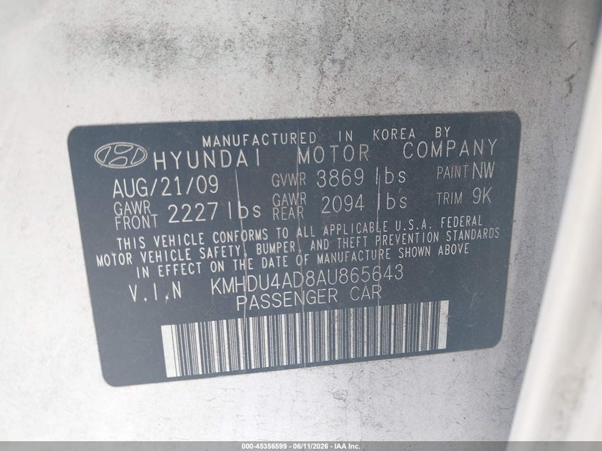 2010 Hyundai Elantra VIN KMHDU4AD8AU865643 IAAI salvage auction — LEFT FRONT, Repossessed (Missouri), sold $225 on 2026-07-21 (photo 9)