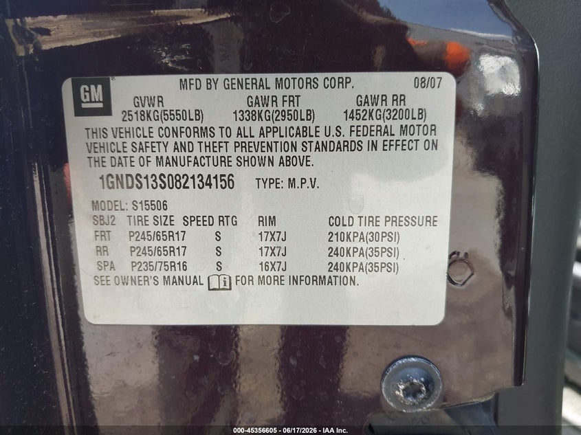 2008 Chevrolet Trailblazer VIN 1GNDS13S082134156 IAAI salvage auction — NORMAL WEAR, Repossession Paperwork (Georgia), sold $350 on 2026-07-09 (photo 9)