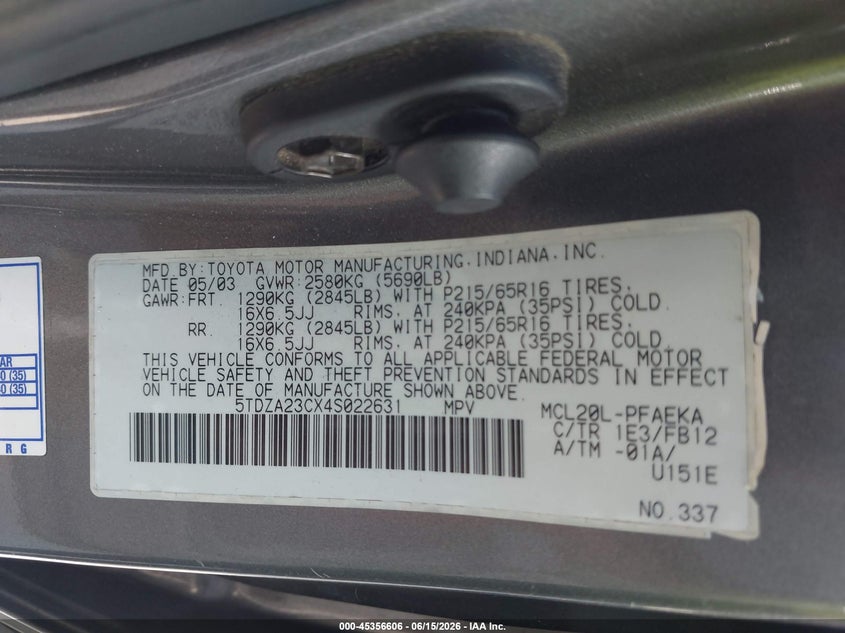 2004 Toyota Sienna VIN 5TDZA23CX4S022631 IAAI salvage auction — REAR END, Clear (Florida), sold $900 on 2026-07-07 (photo 9)