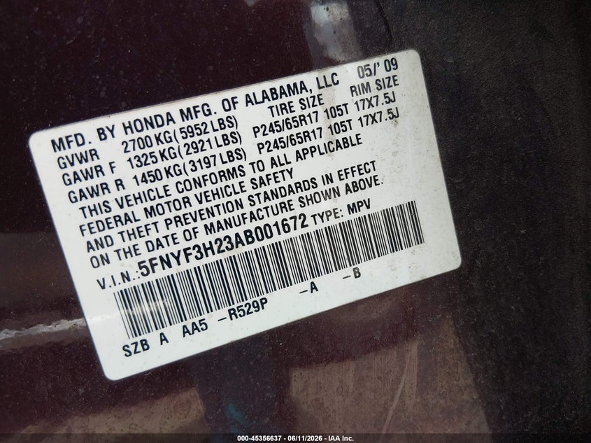 2010 Honda Pilot VIN 5FNYF3H23AB001672 IAAI salvage auction — NORMAL WEAR, Original (Texas), sold $350 on 2026-07-12 (photo 9)