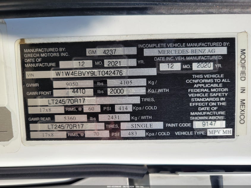 2020 Mercedes-benz Sprinter VIN W1W4EBVY9LT042476 IAAI salvage auction — HAIL, Salvage (Tennessee), sold $58,750 on 2026-07-07 (photo 9)