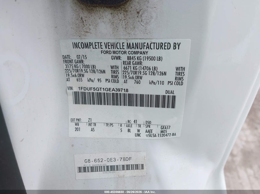 2016 Ford F-550 chassis VIN 1FDUF5GT1GEA39718 IAAI salvage auction — NORMAL WEAR, Regular Certificate (Iowa), sold $7,050 on 2026-07-20 (photo 8)