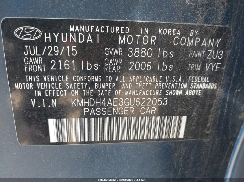 2016 Hyundai Elantra VIN KMHDH4AE3GU622053 IAAI salvage auction — NORMAL WEAR, Clear (Maryland), sold $475 on 2026-07-16 (photo 9)