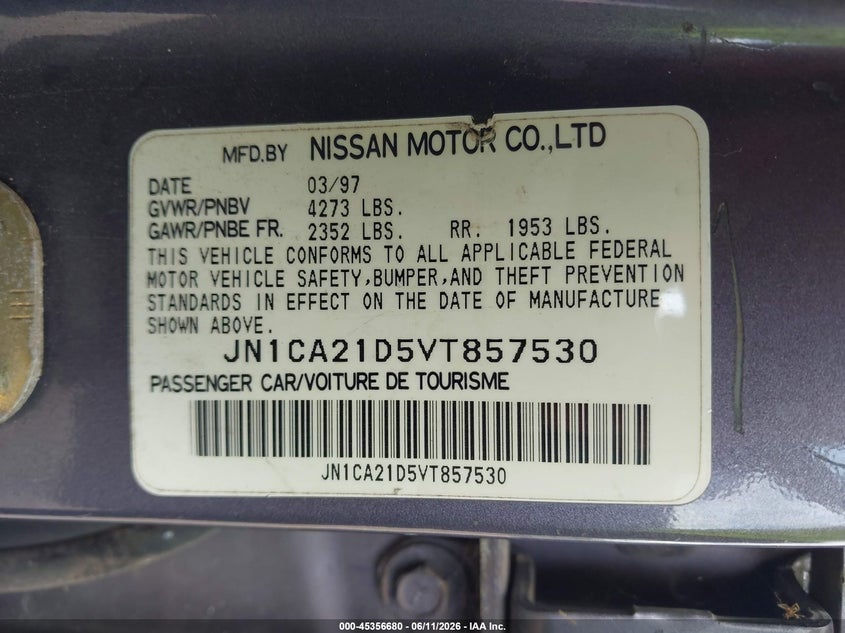 1997 Nissan Maxima VIN JN1CA21D5VT857530 IAAI salvage auction — NORMAL WEAR, Original (Texas), sold $100 on 2026-07-22 (photo 9)