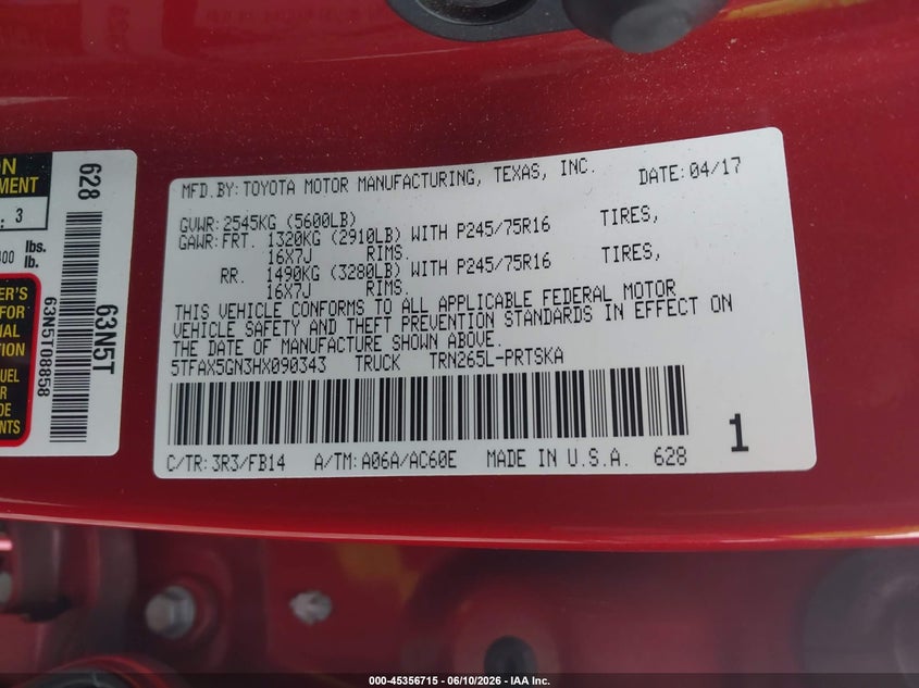 2017 Toyota Tacoma VIN 5TFAX5GN3HX090343 IAAI salvage auction — SIDE, Salvage (Georgia), sold $7,000 on 2026-07-10 (photo 9)