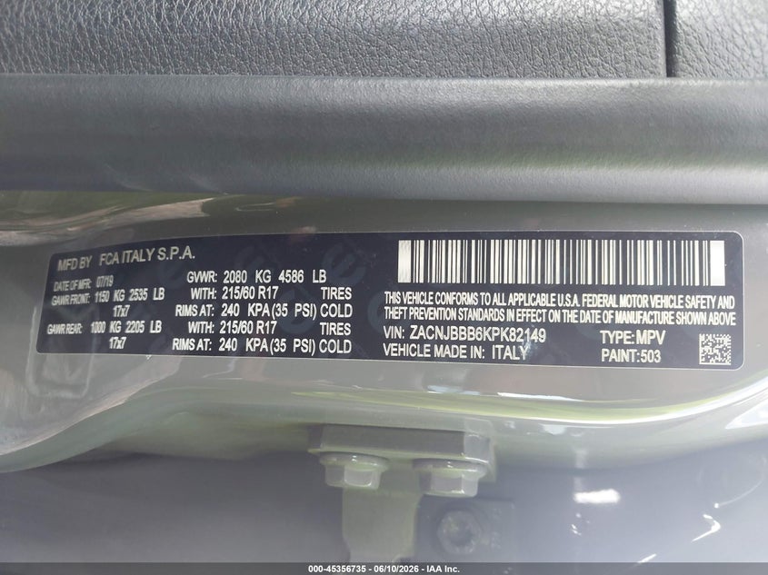 2019 Jeep Renegade VIN ZACNJBBB6KPK82149 IAAI salvage auction — RIGHT SIDE, Salvage (Pennsylvania), sold $1,950 on 2026-07-07 (photo 9)