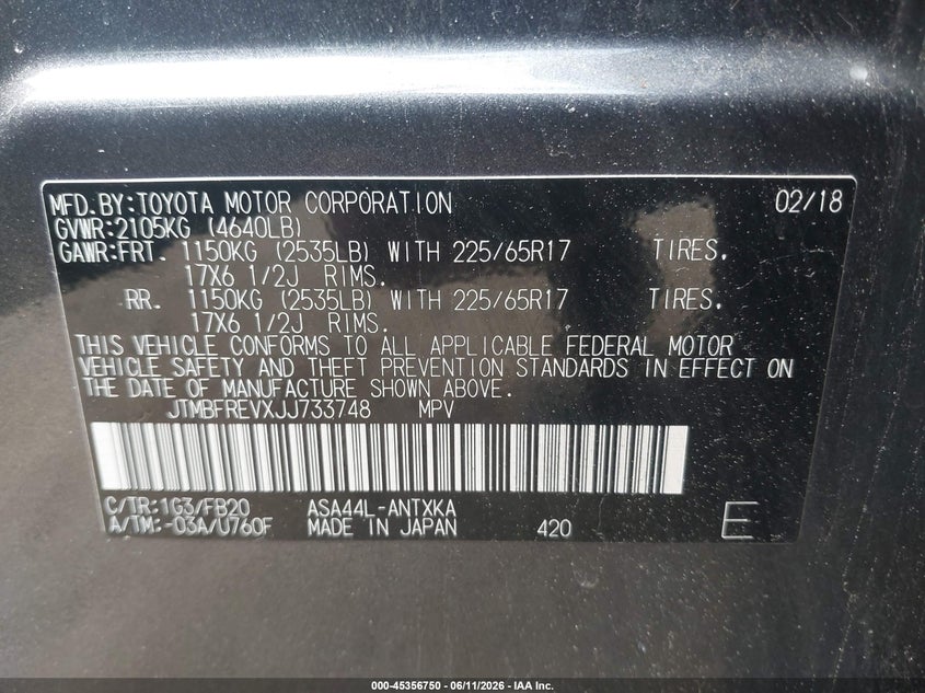 2018 Toyota VIN JTMBFREVXJJ733748 IAAI salvage auction — ROLLOVER, Salvage (Massachusetts), sold $1,600 on 2026-07-17 (photo 9)