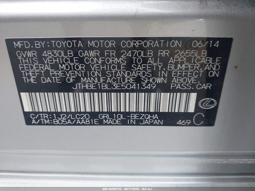 2014 Lexus Gs VIN JTHBE1BL3E5041349 IAAI salvage auction — RIGHT FRONT, Certificate Of Destruction (Florida), sold $125 on 2026-07-29 (photo 9)