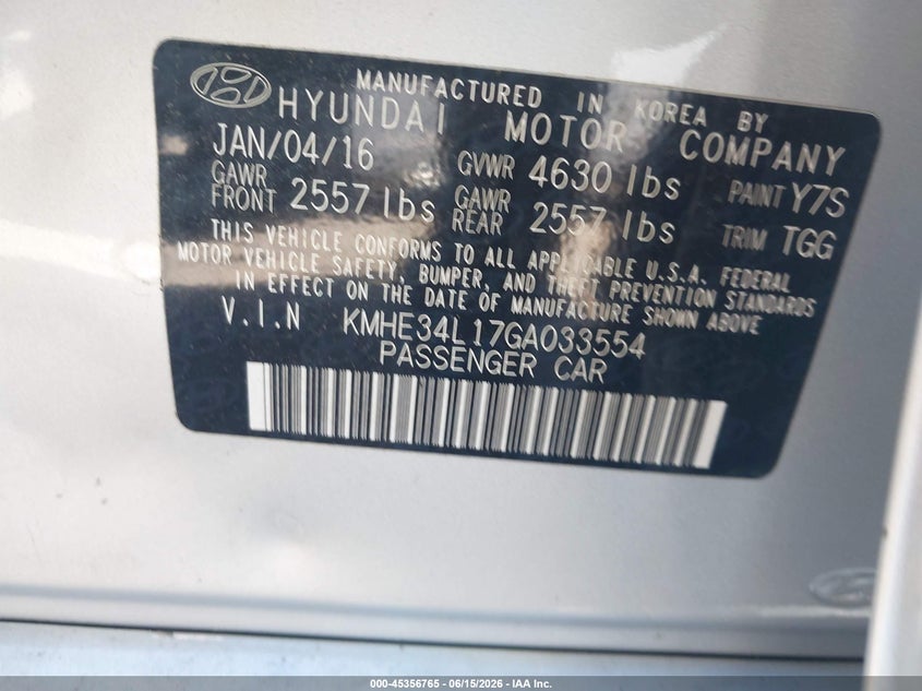 2016 Hyundai Sonata VIN KMHE34L17GA033554 IAAI salvage auction — FRONT & REAR, Salvage - Greater Than 75% (Maryland), sold $400 on 2026-07-20 (photo 9)