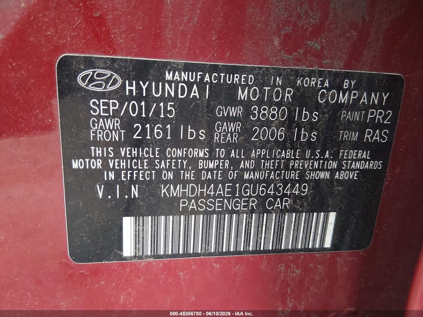 2016 Hyundai Elantra VIN KMHDH4AE1GU643449 IAAI salvage auction — REAR END, Salvage Title, sold $750 on 2026-07-23 (photo 9)