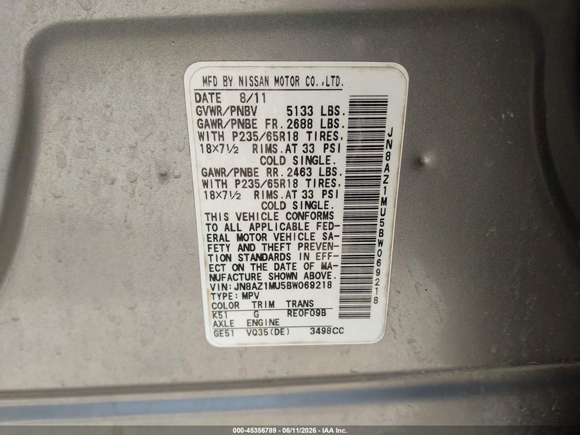 2011 Nissan Murano VIN JN8AZ1MU5BW069218 IAAI salvage auction — RIGHT SIDE, Original (Texas), sold $325 on 2026-07-15 (photo 9)