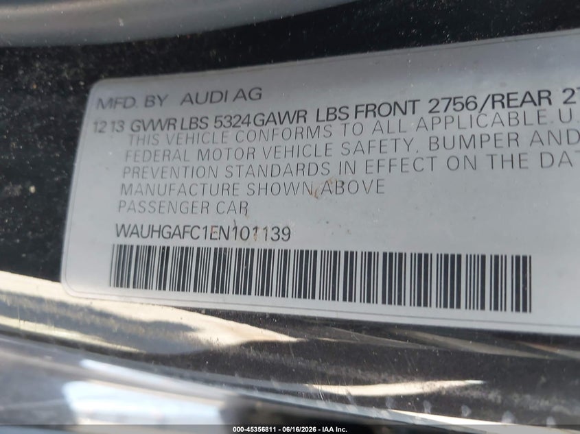 2014 Audi A6 VIN WAUHGAFC1EN101139 IAAI salvage auction — FRONT END, Salvage (Arkansas), sold $1,000 on 2026-07-29 (photo 9)